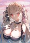  1girl azur_lane bare_shoulders between_breasts black_ribbon breasts cleavage clothing_cutout detached_collar dress eyebrows_visible_through_hair flower formidable_(azur_lane) frilled_dress frills gothic_lolita grey_hair hair_ribbon haitu hand_on_own_chest highres large_breasts lolita_fashion long_hair looking_to_the_side outdoors pantyhose red_eyes ribbon shadow shoulder_cutout solo standing twintails two-tone_dress two-tone_ribbon upper_body very_long_hair water white_flower 
