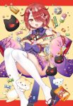  1girl bare_shoulders candy cat chips dango floral_print flower food hair_flower hair_ornament hoozuki_warabe horns japanese_clothes kimono noripro okobo oni_horns open_mouth pointy_ears potato_chips red_hair smile solo tabi tsukudani_norio two-tone_background wagashi yellow_eyes 