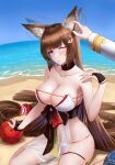  1girl absurdly_long_hair absurdres amagi_(azur_lane) amagi_(wending_waters_serene_lotus)_(azur_lane) animal_ear_fluff animal_ears azur_lane ball beach bikini black_choker black_sash breasts brown_hair center_opening choker commentary detached_collar fingerless_gloves fox_ears frozen-sad gloves highres jacket large_breasts long_hair looking_at_viewer military military_jacket military_uniform naval_uniform obi official_alternate_costume one_eye_closed open_bikini open_clothes purple_eyes sand sash see-through see-through_swimsuit strapless strapless_bikini swimsuit thick_eyebrows thigh_strap uniform very_long_hair water white_bikini white_jacket 