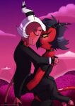  2021 black_hair blush bottomwear breasts clothed clothing demon digital_media_(artwork) dominant dominant_female duo female grumpy_griffin_creations hair helluva_boss hi_res holding_other horn humanoid imp male male/female millie_(helluva_boss) moxxie_(helluva_boss) not_furry red_body red_skin simple_background smile spade_tail standing submissive submissive_male topwear white_hair yellow_sclera 