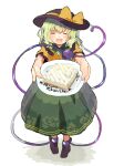  1girl :d black_footwear black_headwear blouse blush cake closed_eyes collared_blouse eyebrows_visible_through_hair facing_viewer floral_print food frilled_shirt_collar frills green_hair green_skirt hat hat_ribbon heart heart_of_string holding holding_plate komeiji_koishi long_skirt medium_hair open_mouth outstretched_arms plate print_skirt ribbon rose_print skirt smile solo tamagogayu1998 teeth third_eye touhou translated upper_teeth yellow_blouse yellow_ribbon 