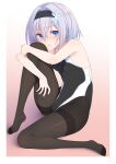  1girl black_hairband black_legwear black_swimsuit blue_eyes breasts eyebrows_visible_through_hair hair_between_eyes hair_ornament hairband highres hugging_own_legs knee_up looking_at_viewer one-piece_swimsuit osafune_kairi pantyhose pantyhose_under_swimsuit ryuuou_no_oshigoto! short_hair silver_hair small_breasts snowflake_hair_ornament solo sora_ginko swimsuit thighband_pantyhose 