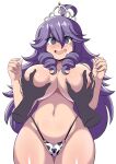  @_@ absurdres animal_print breast_grab breasts cow_print crown eyebrows_visible_through_hair grabbing hex_maniac_(pokemon) highres large_breasts long_hair lucyfer messy_hair navel nipples open_mouth pokemon purple_eyes purple_hair very_long_hair 