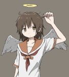  1girl adjusting_hair angel_wings arm_at_side arm_up bad_id bad_twitter_id bangs brown_eyes brown_hair closed_mouth collarbone eyebrows_visible_through_hair feathered_wings frown furrowed_brow grey_background haibane_renmei hair_between_eyes halo hand_in_hair looking_at_viewer messy_hair neckerchief raised_eyebrow rakka_(haibane) red_neckerchief red_sailor_collar sailor_collar short_hair short_sleeves solo static_cling straight-on tareme umi_ha_kirai upper_body white_wings wings 