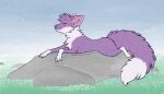  2021 ambiguous_gender canid canine day detailed_background digital_media_(artwork) eyes_closed feral fox fur mammal outside purple_body purple_fur sky smile solo unimpressive white_body white_fur 