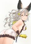  1girl :3 animal_ears ass belt breasts brown_eyes dutch_angle erune fur_trim gloves granblue_fantasy grey_hair hair_between_eyes kochiya_(gothope) long_hair looking_at_viewer looking_back medium_breasts sen_(granblue_fantasy) shorts sleeveless solo 