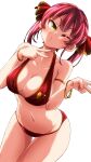  1girl :3 aono3 bikini blush bracelet breasts cleavage closed_mouth collarbone eyebrows_visible_through_hair highres hololive houshou_marine jewelry large_breasts long_hair looking_at_viewer navel one_eye_closed red_bikini red_hair solo swimsuit twintails v virtual_youtuber yellow_eyes 