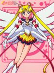 1990s_(style) 1girl bangs bishoujo_senshi_sailor_moon blonde_hair blue_eyes boots copyright_name crescent crescent_earrings crescent_facial_mark double_bun earrings elbow_gloves eyebrows_visible_through_hair facial_mark feet_out_of_frame forehead_mark gloves highres jewelry knee_boots long_hair looking_at_viewer miniskirt multicolored_clothes multicolored_skirt not_for_sale official_art pink_background retro_artstyle sailor_moon sailor_senshi_uniform skirt smile solo star_(symbol) star_earrings tsukino_usagi twintails very_long_hair white_footwear 