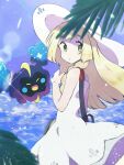  1girl bangs blonde_hair blunt_bangs blurry commentary cosmog day donguri_big dress eyelashes green_eyes hand_up hat lens_flare lillie_(pokemon) long_hair looking_back outdoors parted_lips pokemon pokemon_(creature) pokemon_(game) pokemon_sm sleeveless sleeveless_dress sun_hat sundress white_dress white_headwear 