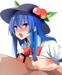  1boy 1girl :o areolae bangs black_headwear blue_eyes blue_hair blush breasts collared_shirt commentary_request eyelashes fruit_hat_ornament highres hinanawi_tenshi kamukamu_(ars) leaf looking_to_the_side open_mouth paizuri peach_hat_ornament penis puffy_short_sleeves puffy_sleeves red_neckwear red_ribbon ribbon shirt short_sleeves sidelocks simple_background small_breasts touhou white_background wing_collar 