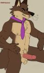  2021 anthro blush blush_lines body_hair breasts brown_body brown_skin canid canine canis chest_hair dreamworks foreskin genitals hands_on_hips humanoid_genitalia humanoid_penis male mammal mostly_nude mr._wolf_(the_bad_guys) narrowed narrowed_eyes necktie necktie_only nude penis pubes rogenbogeno simple_background smile solo steam the_bad_guys white_background wolf 