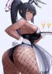  1girl alcohol animal_ears artist_name ass bare_shoulders black_hair black_leotard blue_archive breasts champagne cliov closed_mouth cup dark-skinned_female dark_skin detached_collar english_commentary eyebrows_visible_through_hair fake_animal_ears fishnet_legwear fishnets gloves grey_hair hair_between_eyes halo hand_on_hip high_ponytail highleg highleg_leotard highres holding holding_tray karin_(blue_archive) large_breasts legs_apart leotard lips long_hair looking_at_viewer looking_back multicolored_hair official_alternate_costume playboy_bunny rabbit_tail sideboob sidelocks simple_background solo strapless strapless_leotard sweat tail thighs tray white_background white_gloves white_hair wrist_cuffs yellow_eyes 