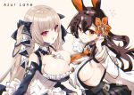  2girls animal_ears azur_lane bare_shoulders between_breasts black_dress black_ribbon black_skirt braid breast_press breasts brown_hair chikuma_(azur_lane) cleavage clothing_cutout donkey_ears dress eyebrows_visible_through_hair flower formidable_(azur_lane) frilled_dress frills gothic_lolita hair_between_eyes hair_flower hair_ornament large_breasts lolita_fashion long_hair looking_at_viewer miniskirt multiple_girls mumu_(bloody_johnson) orange_eyes orange_flower platinum_blonde_hair pleated_skirt red_eyes ribbon shirt shoulder_cutout side_braid sideboob simple_background skirt symmetrical_docking twintails two-tone_dress two-tone_ribbon upper_body very_long_hair white_background white_ribbon white_shirt 