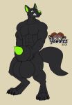  2021 4_toes abs animal_genitalia animal_penis anthro balls big_balls big_sheath biped black_balls black_body black_claws black_ears black_fur black_tail canid canine canine_penis claws digital_drawing_(artwork) digital_media_(artwork) digitigrade feet fingers fluffy fluffy_tail full-length_portrait fur genitals green_nose green_penis hi_res huge_balls huge_sheath hyper hyper_genitalia hyper_sheath long_tail looking_at_viewer male mammal muscular muscular_anthro muscular_male nude penis portrait sharp_teeth sheath signature simple_background solo standing tan_background teeth toe_claws toes yaudizz 