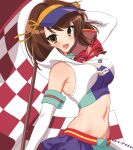  1girl alternate_costume arm_up armband bangs blush breasts brown_eyes brown_hair checkered_flag commentary_request elbow_gloves eyebrows_visible_through_hair flag gloves hair_ribbon hat high_collar hotaru_iori ichimi_renge large_breasts looking_at_viewer medium_hair midriff navel neck_ribbon open_mouth race_queen red_ribbon ribbon simple_background skirt solo suzumiya_haruhi suzumiya_haruhi_no_yuuutsu visor_cap white_background yellow_ribbon 