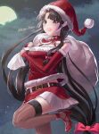  1girl artist_name bell belt belt_buckle black_choker black_hair blush brown_belt brown_eyes brown_legwear buckle choker christmas elbow_gloves fingerless_gloves gloves hat high_heels highres holding holding_sack kantai_collection long_hair low-tied_long_hair medara merry_christmas open_mouth pom_pom_(clothes) red_footwear red_gloves red_headwear sack santa_costume santa_hat shouhou_(kancolle) signature smile solo thighhighs very_long_hair 