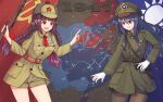  2girls :d bangs black_hair bolt_action braid brown_eyes brown_hair brown_legwear china chinese_army chinese_civil_war flag green_headwear green_jacket green_shorts gun hair_between_eyes handgun hat highres holding holding_gun holding_weapon holstered_weapon jacket long_hair long_sleeves looking_at_another map military military_hat military_jacket military_uniform multiple_girls open_mouth original people&#039;s_republic_of_china_flag pistol purple_eyes republic_of_china_flag shorts smile suikakitsu_shiro taiwan thighhighs twin_braids uniform weapon 