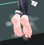  1girl anklet aqua_nails barefoot black_background black_pants english_commentary feet feet_only foot_focus grey_background hatsune_miku highres jager jewelry musical_note nail_polish out_of_frame pants shadow smell soles solo speech_bubble steam sweat sweatdrop toenail_polish toenails toes vocaloid 