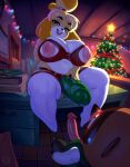  animal_crossing anthro big_breasts blush bodily_fluids boosterpang breasts christmas clothing dildo duo female genitals hi_res holidays huge_breasts isabelle_(animal_crossing) legwear male male/female nintendo nipples penis sex_toy slightly_chubby strapon sweat sweatdrop thigh_highs tom_nook_(animal_crossing) video_games 