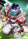  3boys action american_football american_football_(object) american_football_helmet american_football_uniform ball chin_strap commentary eyeshield_21 falling full_body gloves grass hair_between_eyes helmet hiruma_youichi holding holding_ball jersey kobayakawa_sena multiple_boys open_mouth ossan_zabi_190 outdoors pants red_shirt reflection running shirt shoulder_pads signature smoke solo_focus sportswear stadium stadium_lights symbol-only_commentary teeth visor white_gloves white_pants 