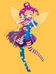  1girl :d american_flag_dress american_flag_legwear arm_up arms_up bangs banned_artist blonde_hair blush clownpiece commentary_request double_v dress eyebrows_visible_through_hair eyelashes fairy_wings full_body harano hat jester_cap long_hair looking_at_viewer moon neck_ruff open_mouth pantyhose pink_headwear polka_dot purple_eyes short_dress short_sleeves simple_background smile solo standing standing_on_one_leg star-shaped_pupils star_(symbol) star_print striped symbol-shaped_pupils tongue touhou v very_long_hair wings yellow_background 