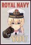  1girl alternate_costume blonde_hair blue_eyes braid french_braid hat highres himeyamato kantai_collection long_hair looking_at_viewer lord_kitchener_wants_you peaked_cap pointing pointing_at_viewer poster_(object) propaganda royal_navy solo warspite_(kancolle) 