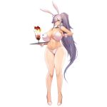  1girl animal_ears bikini blush bow bowtie breasts cherry cream detached_collar fake_animal_ears food fruit full_body glass gnome_(last_origin) hair_over_one_eye high_heels highres huge_breasts ice_cream last_origin long_hair looking_at_viewer name_tag navel official_art pantyhose parfait playboy_bunny ponytail rabbit_ears silver_hair snowball22 solo sundae swimsuit tachi-e very_long_hair white_legwear wrist_cuffs 