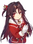  1girl bell bow brown_hair closed_mouth fur-trimmed_jacket fur_trim gloves hair_bell hair_bow hair_intakes hair_ornament hands_up highres jacket long_hair looking_at_viewer red_bow red_eyes red_jacket ryuuou_no_oshigoto! shirabi simple_background solo white_background white_gloves yashajin_ai 
