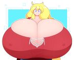  1girl blonde_hair blue_eyes bouncing_breasts breasts cassie_(cake) cleavage covered_nipples dullahan eyebrows_visible_through_hair gigantic_breasts highres long_hair looking_at_viewer original red_shirt shirt simple_background smile standing theycallhimcake 