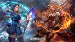  2girls armor blonde_hair blue_cape blue_eyes blue_footwear boots cape cglas closed_mouth crystal_maiden dota_(series) dota_2 dress fire forehead gauntlets holding holding_staff ice lina_inverse_(dota_2) long_hair looking_at_another mage magic multiple_girls orange_eyes orange_hair pauldrons red_dress red_footwear shoulder_armor sleeveless sleeveless_dress staff strapless strapless_dress thigh_boots thighhighs 