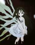  1girl bare_shoulders black_eyes black_ribbon brown_hair collarbone dress green_wings long_hair maymay_pic parted_lips ribbon saya_(saya_no_uta) saya_no_uta sketch solo white_dress wings 