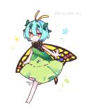  1girl antennae aqua_hair barefoot butterfly_wings closed_mouth cosmicmind dated dress eternity_larva eyebrows_visible_through_hair fairy full_body green_dress hair_between_eyes leaf leaf_on_head multicolored_clothes multicolored_dress orange_eyes short_hair signature simple_background single_strap smile solo touhou white_background wings 