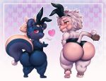  &lt;3 2021 4_fingers absurd_res anthro baboon big_butt bitfly black_nose blowing_kiss blue_body blue_fur blueberry_(bitfly) blush blush_stickers body_blush bow_tie brown_body brown_eyes brown_fur bunny_costume butt butt_blush cheek_tuft clothed clothing costume crossdressing cute_fangs dark_blue_fur duo embarrassed facial_tuft fake_ears fake_rabbit_ears fake_rabbit_tail fake_tail fingers francis_(bitfly) fur girly grey_body grey_fur hairless_butt hamadryas_baboon haplorhine headgear headwear hi_res looking_away looking_back male mammal markings mephitid mohawk monkey old_world_monkey one_eye_closed open_mouth pattern_background pink_eyes plantigrade playboy_bunny playboy_outfit primate rear_view short_stack signature simple_background skunk smile standing striped_markings striped_skunk striped_tail stripes tail_markings tan_body tan_fur tan_skin teapot_(body_type) thick_thighs tuft wide_hips wink 