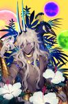  1boy absurdres arjuna_(fate) arjuna_alter_(fate) bangs dark-skinned_male dark_skin fate/grand_order fate_(series) gloves hair_between_eyes highres horns jewelry long_hair looking_at_viewer male_focus on_mt_p open_mouth silver_hair solo upper_body white_hair 