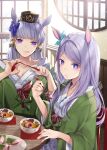  2girls akatsuki_hijiri animal_ears aqua_bow bath_yukata blush bow brown_headwear closed_mouth collarbone ear_bow eyebrows_visible_through_hair food gold_ship_(umamusume) hat highres holding holding_spoon horse_ears horse_girl japanese_clothes kimono light_purple_hair long_hair long_sleeves mejiro_mcqueen_(umamusume) multiple_girls pillow_hat purple_eyes silver_hair sitting smile spoon tongue tongue_out umamusume white_kimono wide_sleeves yukata 