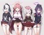  4girls aru_(blue_archive) black_flower black_hair black_hoodie black_jacket black_panties black_skirt blue_archive blush breasts brown_eyes brown_jacket closed_mouth clothes_lift collarbone collared_shirt commentary_request dress_shirt feet_out_of_frame flower fur-trimmed_jacket fur-trimmed_sleeves fur_trim grey_background grey_hair groin hair_flower hair_ornament halo haruka_(blue_archive) highres hood hood_down hoodie jacket jacket_on_shoulders juliet_sleeves kayoko_(blue_archive) lifted_by_self long_sleeves looking_at_viewer looking_away looking_to_the_side medium_breasts multicolored_hair multiple_girls mutsuki_(blue_archive) panties panty_pull parted_lips pink_hair plaid plaid_skirt pleated_skirt ponytail pubic_hair puffy_sleeves purple_eyes purple_hair red_eyes red_jacket red_skirt rumiya9i shadow shirt short_sleeves side_ponytail silver_hair skirt skirt_lift small_breasts standing striped striped_panties sweat two-tone_hair underwear wavy_mouth white_panties white_shirt 