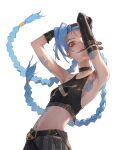  1girl arm_tattoo arms_up asymmetrical_gloves bare_arms black_choker black_gloves black_shirt blue_hair braid breast_tattoo breasts choker closed_mouth cloud_tattoo commentary crop_top dino_(dinoartforame) elbow_gloves floating_hair gloves highres jinx_(league_of_legends) league_of_legends long_hair looking_at_viewer midriff navel red_eyes shirt simple_background single_elbow_glove sleeveless sleeveless_shirt small_breasts solo stomach_tattoo tattoo twin_braids twintails uneven_gloves upper_body very_long_hair white_background 