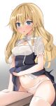  1girl bangs blonde_hair blue_eyes blush braid breasts cleavage collarbone commentary_request crotch_rub eyebrows_visible_through_hair eyelashes furrowed_brow gradient gradient_background hair_ribbon highres kamukamu_(ars) kirisame_marisa long_hair navel no_hat no_headwear nose_blush ribbon shiny shiny_hair short_sleeves simple_background single_braid small_breasts standing stomach sweatdrop table_sex thighhighs thighs touhou tress_ribbon white_background white_legwear white_ribbon wooden_table 