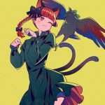  2girls ;3 animal_ears bangs banned_artist beak bird black_ribbon blunt_bangs blush blush_stickers bow braid cat_ears cat_tail colored_eyelashes commentary_request crow dress feathered_wings green_bow green_dress hair_ribbon harano kaenbyou_rin long_hair long_sleeves looking_at_viewer multiple_girls multiple_tails one_eye_closed paw_pose red_eyes red_hair reiuji_utsuho reiuji_utsuho_(bird) ribbon simple_background standing tail talons touhou tress_ribbon twin_braids two_tails wings yellow_background 