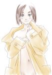  1girl adjusting_clothes bangs black_eyes blush bob_cut breasts brown_coat brown_hair closed_mouth coat collarbone commentary_request covering covering_breasts eizouken_ni_wa_te_wo_dasu_na! groin hand_on_own_chest hand_on_own_chin highres looking_at_viewer midriff mizusaki_tsubame naked_coat navel non_suke off_shoulder open_clothes open_coat parted_bangs short_hair simple_background single_bare_shoulder sleeves_past_wrists small_breasts smile solo thick_eyebrows trench_coat upper_body white_background 