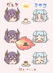  2girls :&gt; :&lt; :o :q bangs blue_hair blush breathing_fire character_request chibi closed_mouth demon_horns eyebrows_visible_through_hair fire food highres horns kurororo_rororo miyako_(princess_connect!) multiple_girls open_mouth pink_background pink_eyes plate princess_connect! pudding purple_hair smile tongue tongue_out translation_request two_side_up v-shaped_eyebrows wavy_mouth 