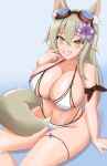  1girl absurdres animal_ear_fluff animal_ears arm_support bikini blonde_hair breasts cleavage collarbone eyebrows_visible_through_hair fingernails flower goggles goggles_on_head green_eyes grin hair_between_eyes hair_flower hair_ornament highres large_breasts long_hair looking_at_viewer navel original rikadoh sitting skindentation smile solo swimsuit tail tan teeth white_bikini 