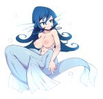  1girl absurdres blue_hair breasts closed_mouth commentary english_commentary full_body green_eyes hair_between_eyes head_fins highres large_breasts long_hair looking_to_the_side mermaid monster_girl navel nipples original simple_background slugbox solo topless white_background 