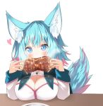  1girl animal_ear_fluff animal_ears bangs black_cape blue_eyes blue_hair boned_meat breasts cape cleavage commission daidai_ookami eating eyebrows_visible_through_hair food hair_between_eyes hands_up heart holding holding_food long_sleeves meat medium_breasts multicolored_hair original pink_hair plate shirt simple_background skeb_commission sleeves_past_wrists solo streaked_hair tail white_background white_shirt 