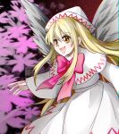  1girl blonde_hair blush capelet dress eyebrows_visible_through_hair fairy fairy_wings hair_between_eyes hat lily_white long_hair long_sleeves mirei_(miirei) open_mouth smile solo touhou white_capelet white_dress white_headwear wide_sleeves wings yellow_eyes 