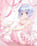  1girl animal_ears azumi_kazuki bangs bare_shoulders blue_eyes blue_hair blush commentary_request detached_sleeves double_bun dress eyebrows_visible_through_hair flower gochuumon_wa_usagi_desu_ka? hair_between_eyes hair_flower hair_ornament highres kafuu_chino knees_up pantyhose pink_flower pink_footwear puffy_short_sleeves puffy_sleeves rabbit_ears see-through see-through_sleeves shoes short_sleeves sidelocks solo strapless strapless_dress white_dress white_flower white_legwear window x_hair_ornament yellow_flower 