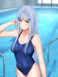  1girl absurdres arm_behind_head artist_name bangs bare_shoulders blue_swimsuit blush breasts cleavage closed_mouth collarbone competition_swimsuit covered_navel cozie178 eyebrows_visible_through_hair feet_out_of_frame girls&#039;_frontline green_eyes hair_ornament hairclip highres hk416_(girls&#039;_frontline) light_blue_hair long_hair looking_at_viewer medium_breasts one-piece_swimsuit pool solo standing swimsuit teardrop_facial_mark teardrop_tattoo water wet wet_clothes wet_swimsuit 