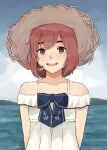  blue_sky brown_eyes brown_hair cloud commentary_request day dress hat highres kantai_collection looking_at_viewer nakano_kiho ocean official_alternate_costume outdoors short_hair sky speaking_tube_headset straw_hat sundress upper_body white_dress yukikaze_(kancolle) 