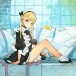  1girl apron bangs blonde_hair blue_eyes blunt_bangs couch dress frills head_tilt long_hair looking_at_viewer maid maid_apron maid_headdress original oyari_ashito pillow puffy_sleeves ribbon short_dress sitting smile solo twintails 