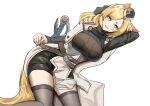  1girl arki_arasy arknights bangs black_headwear black_legwear black_ribbon black_shorts blonde_hair breasts eyebrows_visible_through_hair feet_out_of_frame hair_ribbon hand_on_arm hand_on_thigh highres large_breasts light_blue_eyes long_hair looking_at_viewer lying on_side open_clothes open_mouth open_robe ribbon robe shorts smile solo thighhighs whislash_(arknights) white_background white_robe 